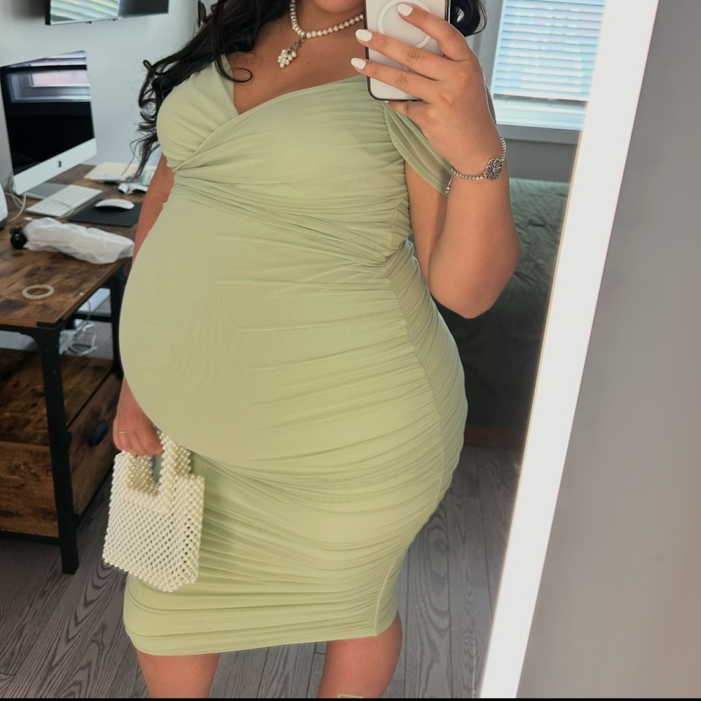 Sage Green Maternity Off Shoulder Ruched Midi Dress